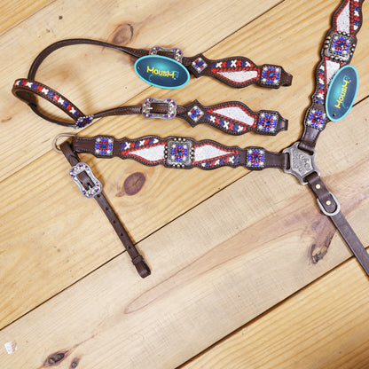 Western Leather Headstall and Breast Collar tack Set decorated with Patriotic Red Royal white stone conchos with silver glitter inlay and royal red ,white raw hide braiding