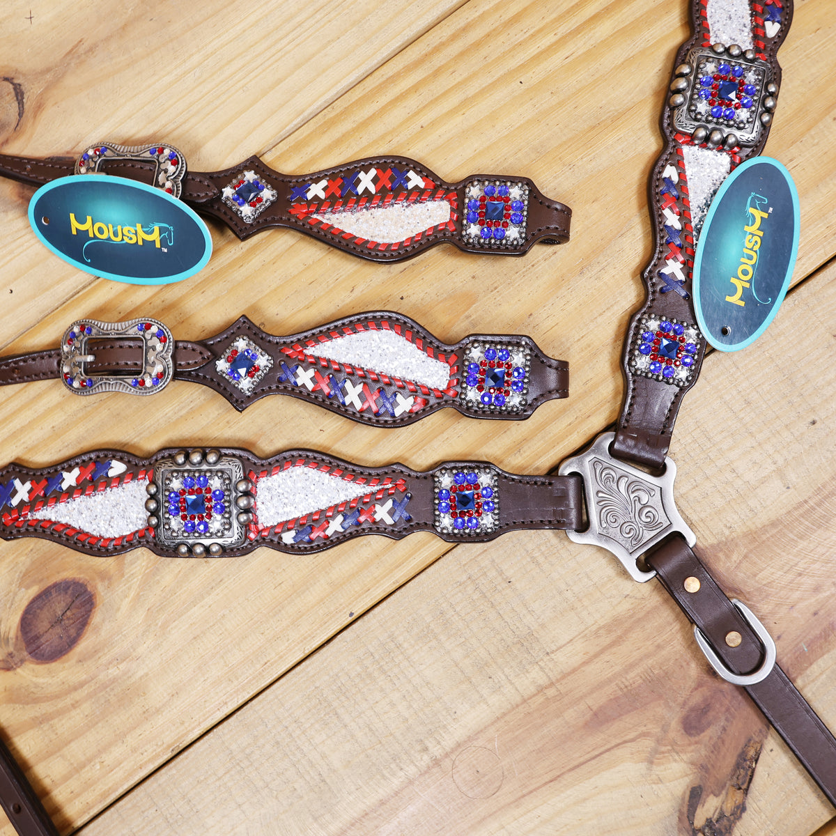 Western Leather Headstall and Breast Collar tack Set decorated with Patriotic Red Royal white stone conchos with silver glitter inlay and royal red ,white raw hide braiding