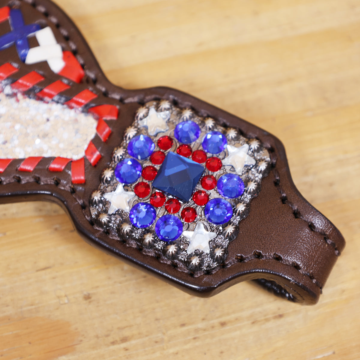Western Leather Headstall and Breast Collar tack Set decorated with Patriotic Red Royal white stone conchos with silver glitter inlay and royal red ,white raw hide braiding