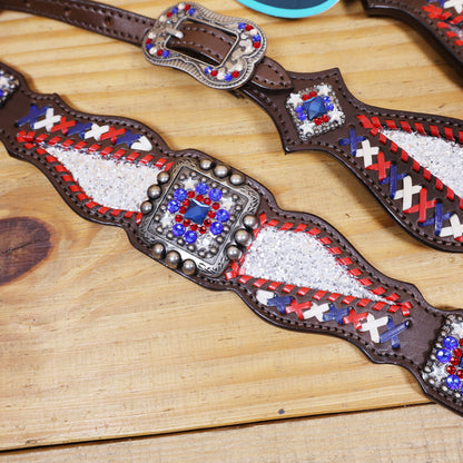 Western Leather Headstall and Breast Collar tack Set decorated with Patriotic Red Royal white stone conchos with silver glitter inlay and royal red ,white raw hide braiding