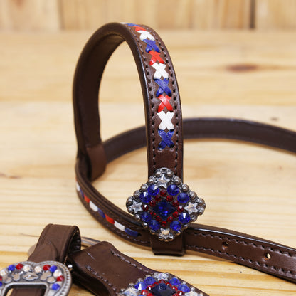 Western Leather Headstall and Breast Collar tack Set decorated with Patriotic Red Royal white stone conchos with silver glitter inlay and royal red ,white raw hide braiding