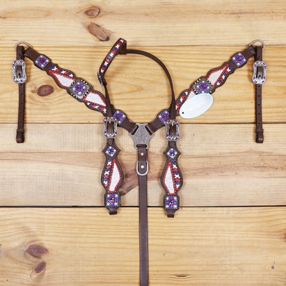 Western Leather Headstall and Breast Collar tack Set decorated with Patriotic Red Royal white stone conchos with silver glitter inlay and royal red ,white raw hide braiding