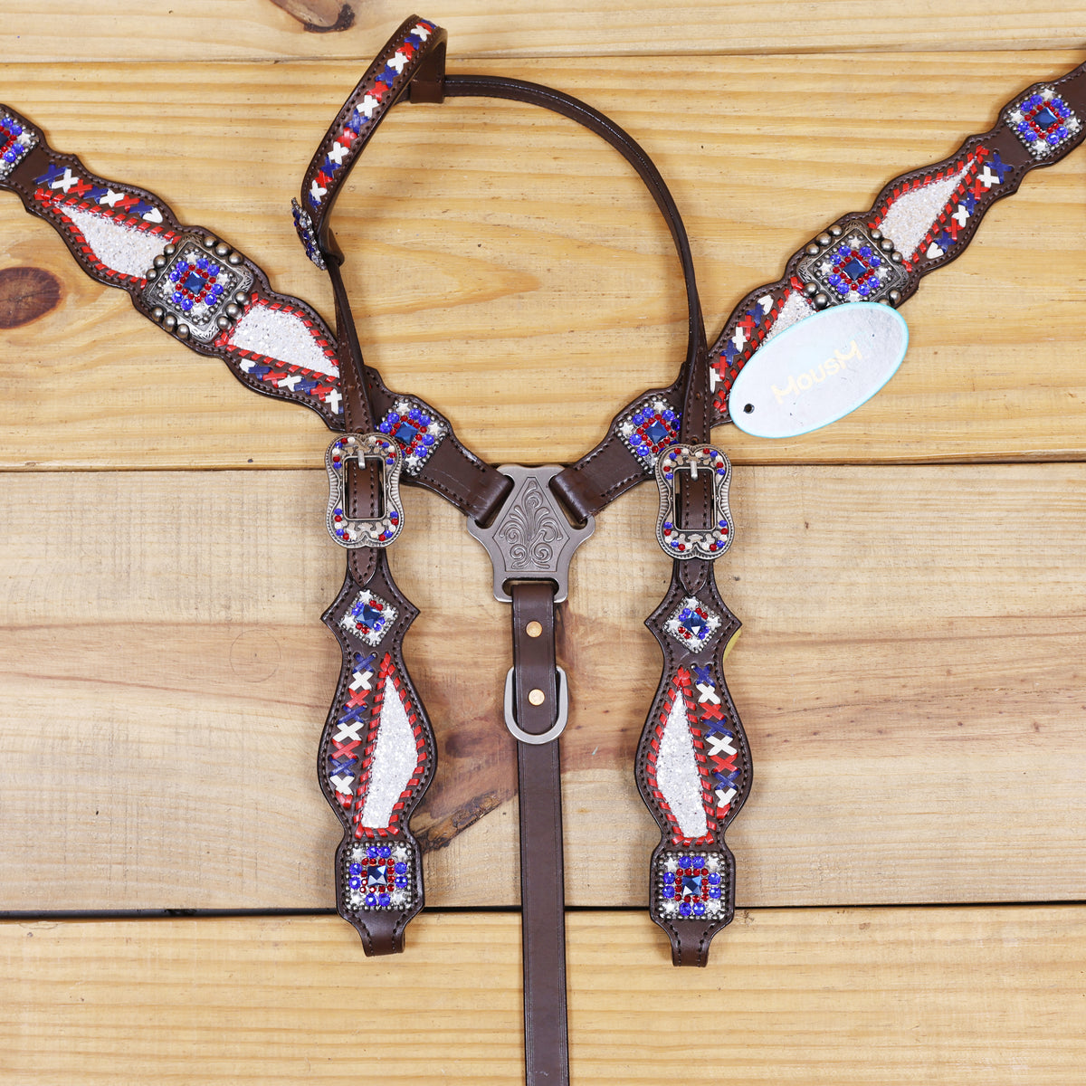 Western Leather Headstall and Breast Collar tack Set decorated with Patriotic Red Royal white stone conchos with silver glitter inlay and royal red ,white raw hide braiding