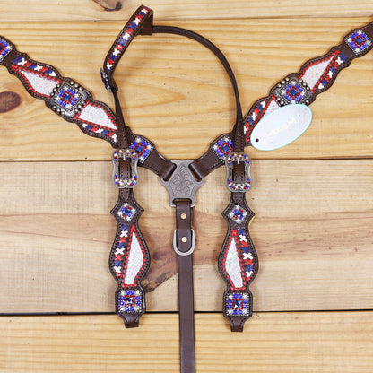 Western Leather Headstall and Breast Collar tack Set decorated with Patriotic Red Royal white stone conchos with silver glitter inlay and royal red ,white raw hide braiding