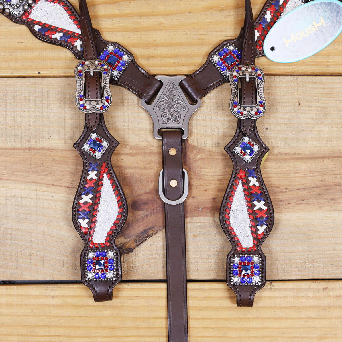 Western Leather Headstall and Breast Collar tack Set decorated with Patriotic Red Royal white stone conchos with silver glitter inlay and royal red ,white raw hide braiding
