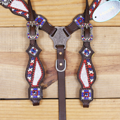 Western Leather Headstall and Breast Collar tack Set decorated with Patriotic Red Royal white stone conchos with silver glitter inlay and royal red ,white raw hide braiding
