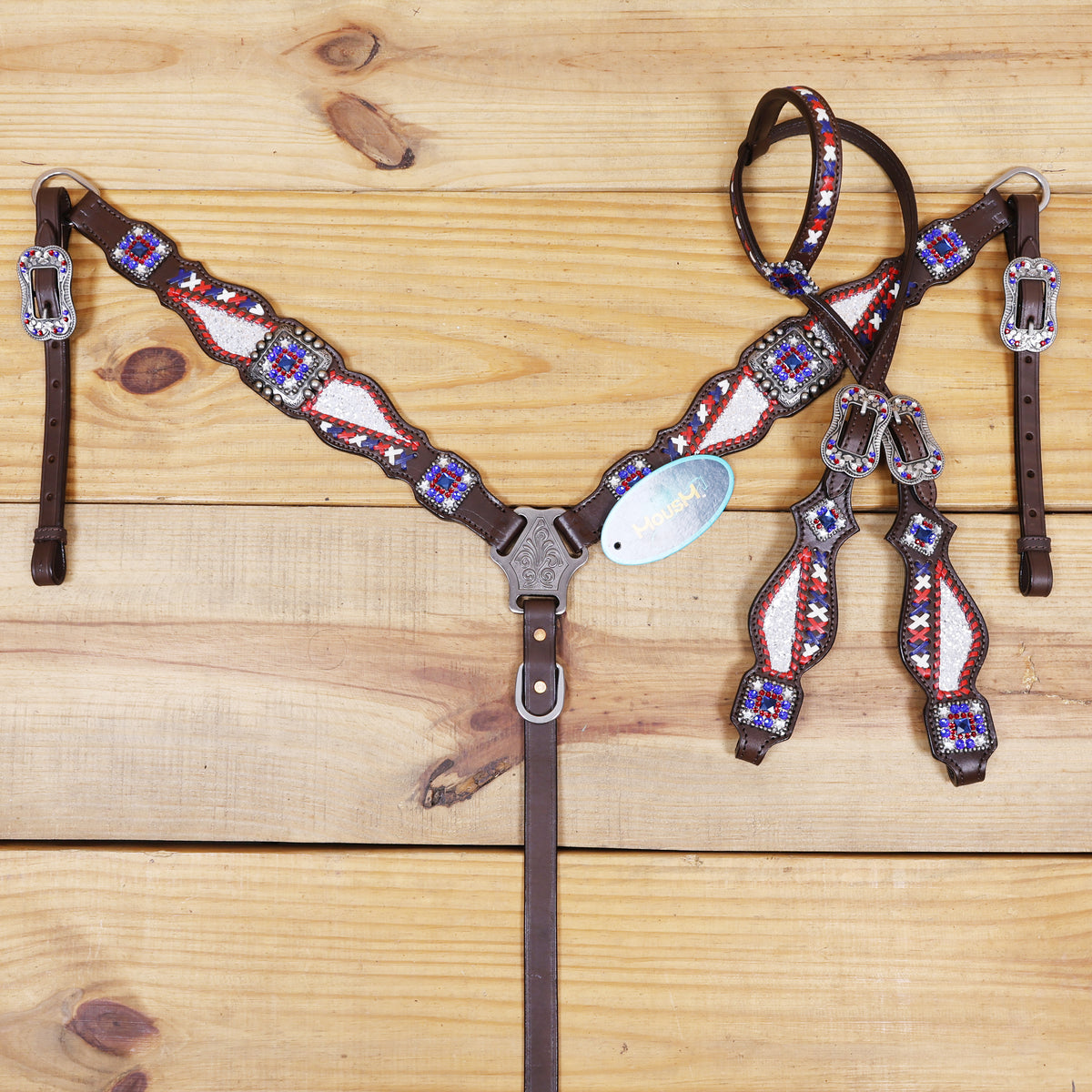 Western Leather Headstall and Breast Collar tack Set decorated with Patriotic Red Royal white stone conchos with silver glitter inlay and royal red ,white raw hide braiding