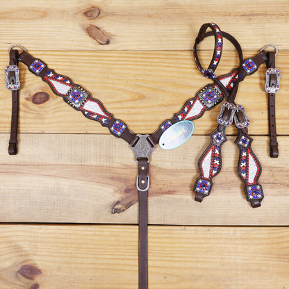 Western Leather Headstall and Breast Collar tack Set decorated with Patriotic Red Royal white stone conchos with silver glitter inlay and royal red ,white raw hide braiding
