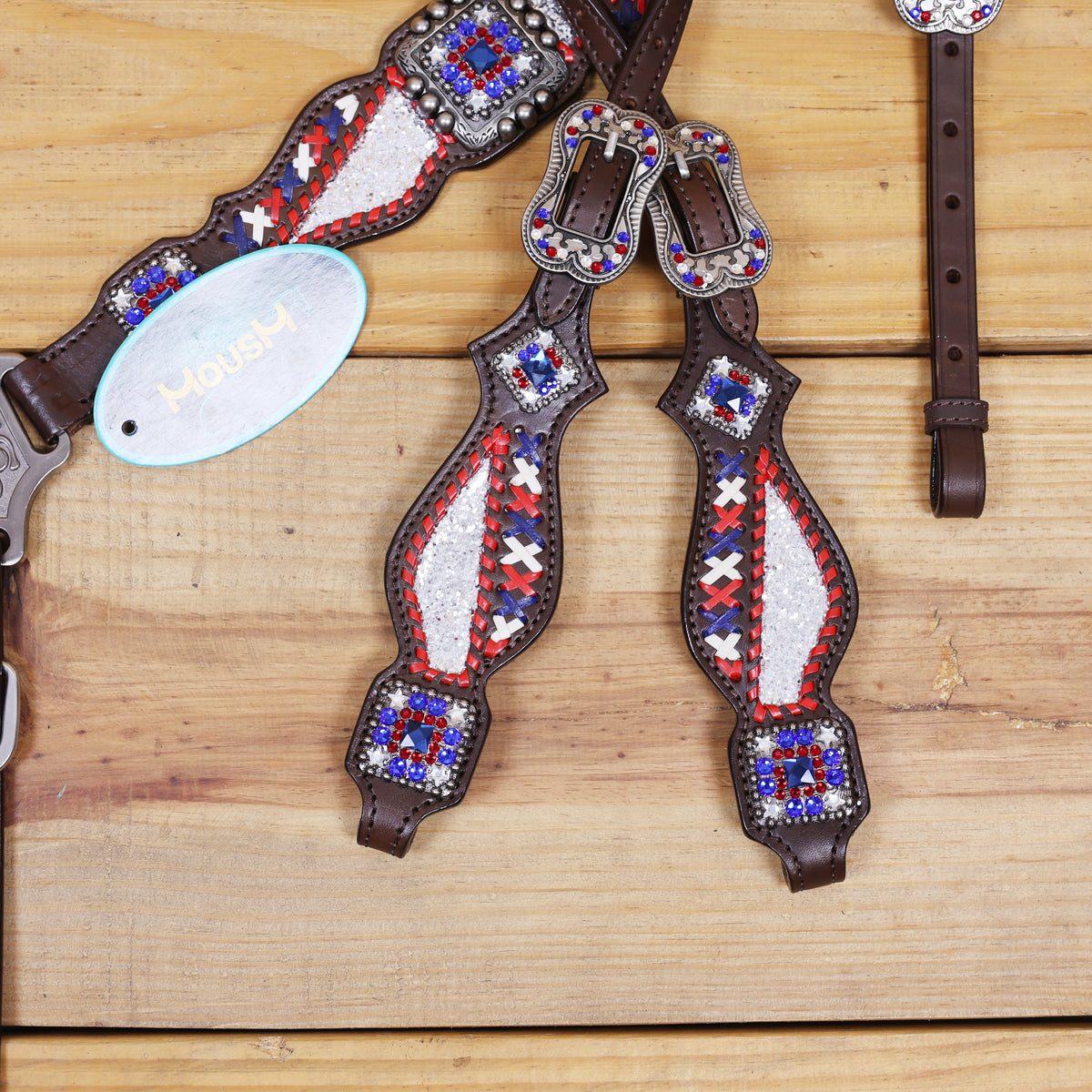 Western Leather Headstall and Breast Collar tack Set decorated with Patriotic Red Royal white stone conchos with silver glitter inlay and royal red ,white raw hide braiding