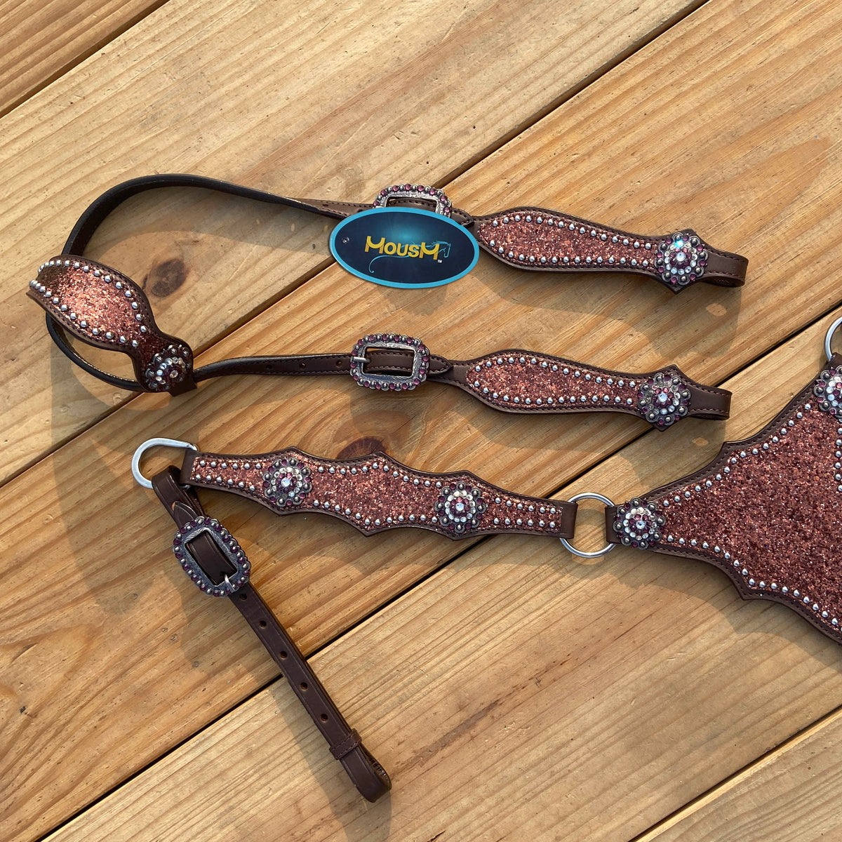Mocha Glitter Alligator Western Horse Tack Set with Rhinestone Conch