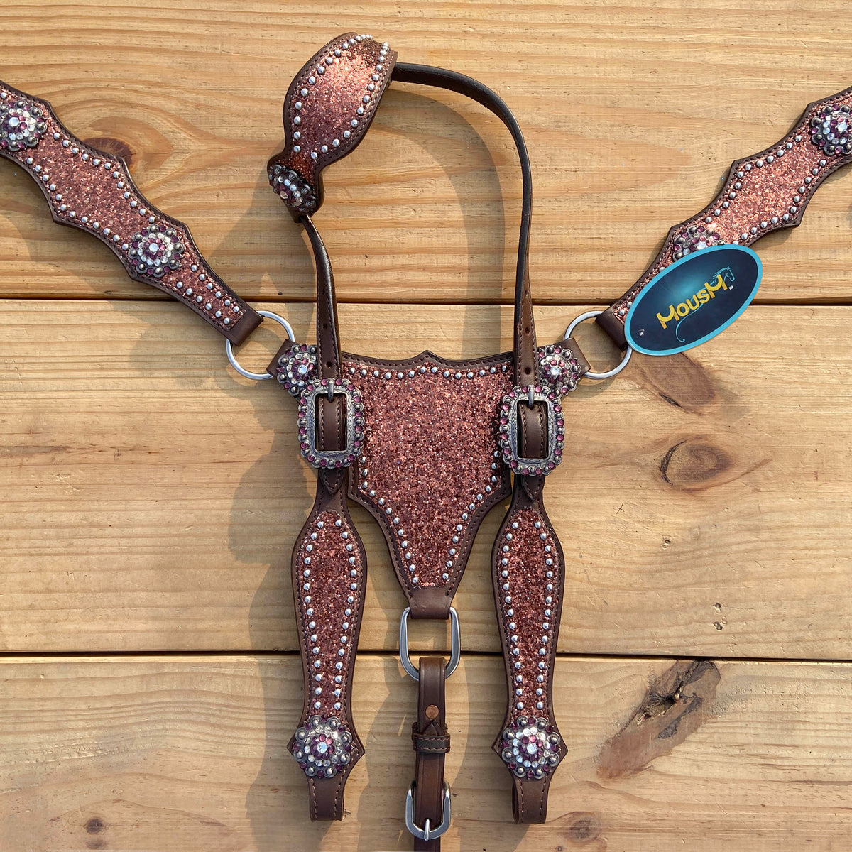 Mocha Glitter Alligator Western Horse Tack Set with Rhinestone Conch