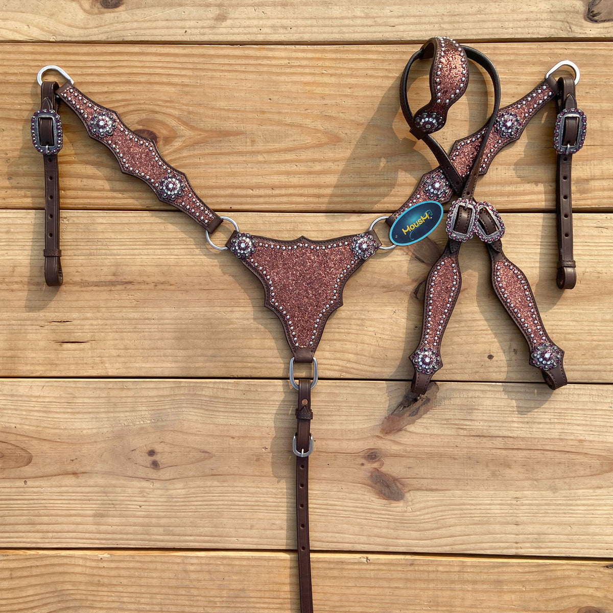 Mocha Glitter Alligator Western Horse Tack Set with Rhinestone Conch