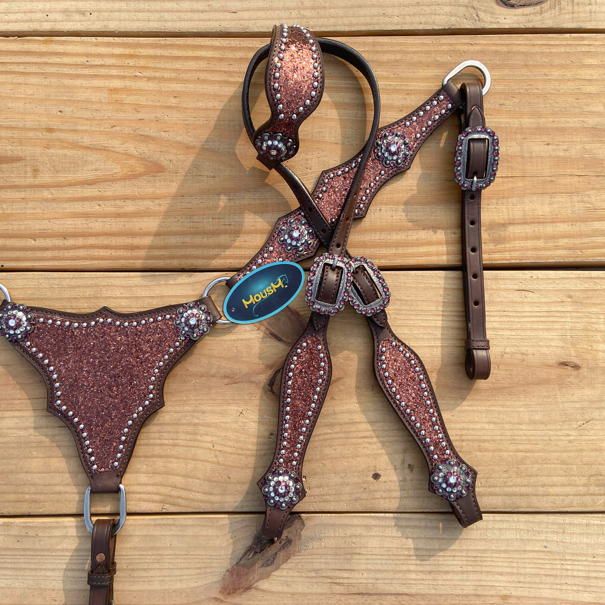 Mocha Glitter Alligator Western Horse Tack Set with Rhinestone Conch