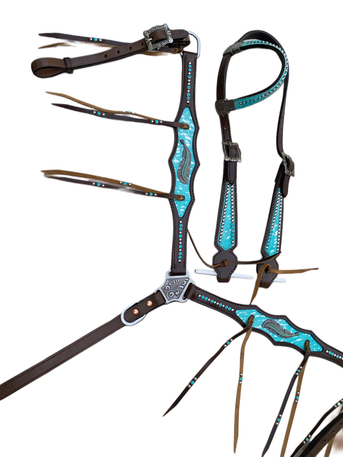 Turquoise Silver Splash Argentina Cowhide Leather Headstall Set