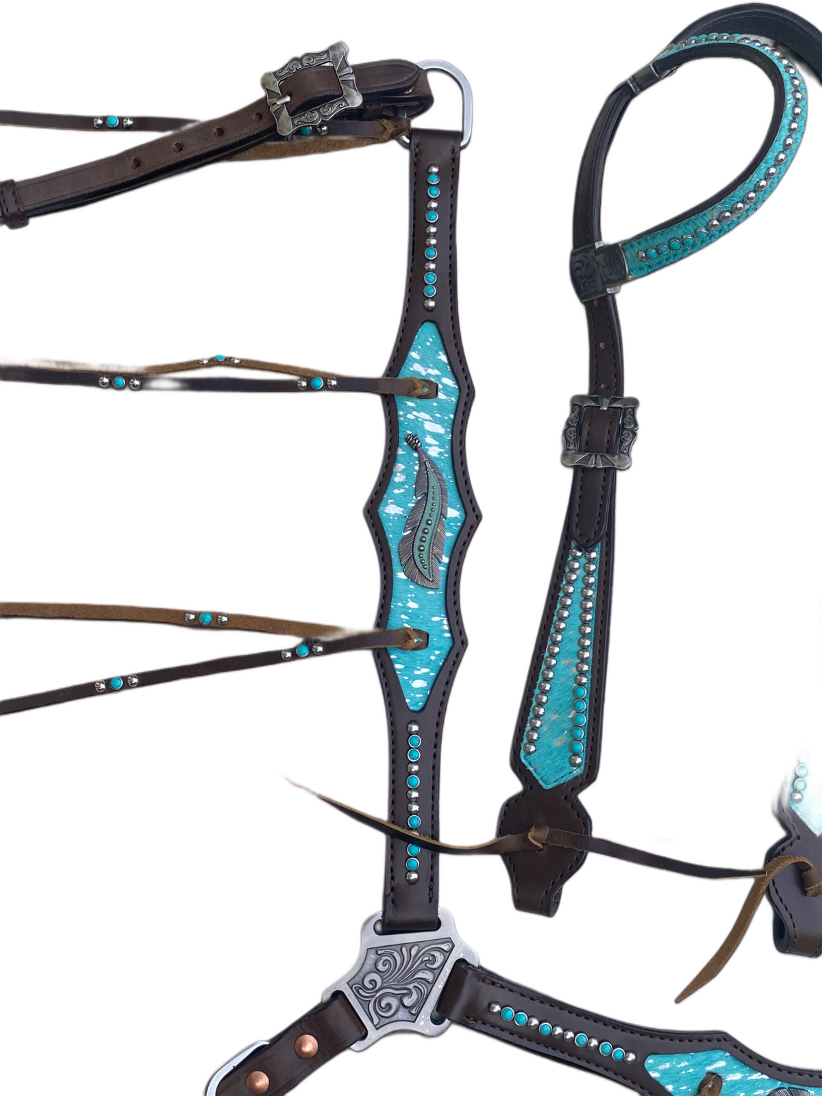 Turquoise Silver Splash Argentina Cowhide Leather Headstall Set