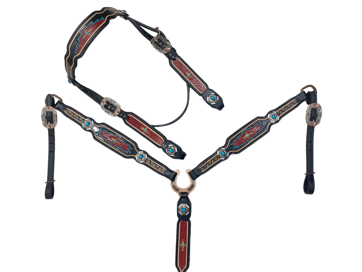 Hand Tooled Carving Complete Headstall Tack Set