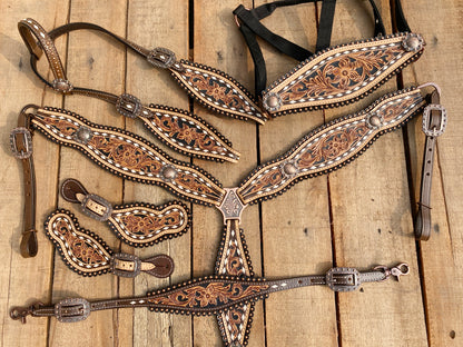 MOUSM Western Horse Tack Collection – Western Bridles and Headstalls Decorated with Hand-Tooled Flower Carving with Nickel Studs, Conchos &amp; Rawhide Braiding