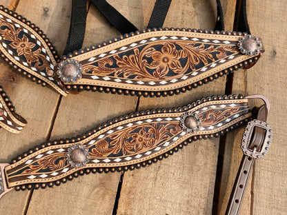 MOUSM Western Horse Tack Collection – Western Bridles and Headstalls Decorated with Hand-Tooled Flower Carving with Nickel Studs, Conchos &amp; Rawhide Braiding