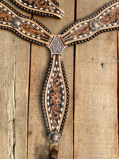 MOUSM Western Horse Tack Collection – Western Bridles and Headstalls Decorated with Hand-Tooled Flower Carving with Nickel Studs, Conchos &amp; Rawhide Braiding