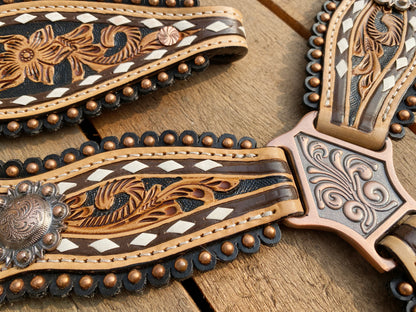 MOUSM Western Horse Tack Collection – Western Bridles and Headstalls Decorated with Hand-Tooled Flower Carving with Nickel Studs, Conchos &amp; Rawhide Braiding