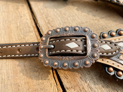 MOUSM Western Horse Tack Collection – Western Bridles and Headstalls Decorated with Hand-Tooled Flower Carving with Nickel Studs, Conchos &amp; Rawhide Braiding