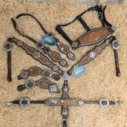 MOUSM Western Headstall and Breast Collar Tack Set for Horse – Argentina Cow Leather Western Bridles and Headstalls Decorated with Dark Tan-Silver Metallic Acid Wash Cowhide Finish