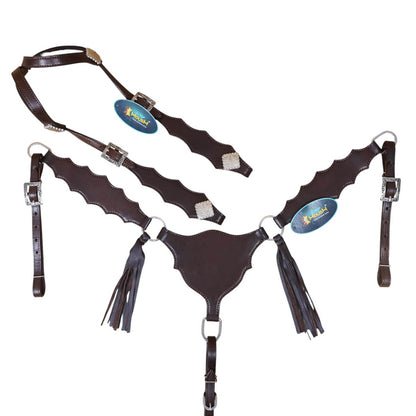 Smooth Brown Leather and Strings Two Ear Headstall Breast Collar
