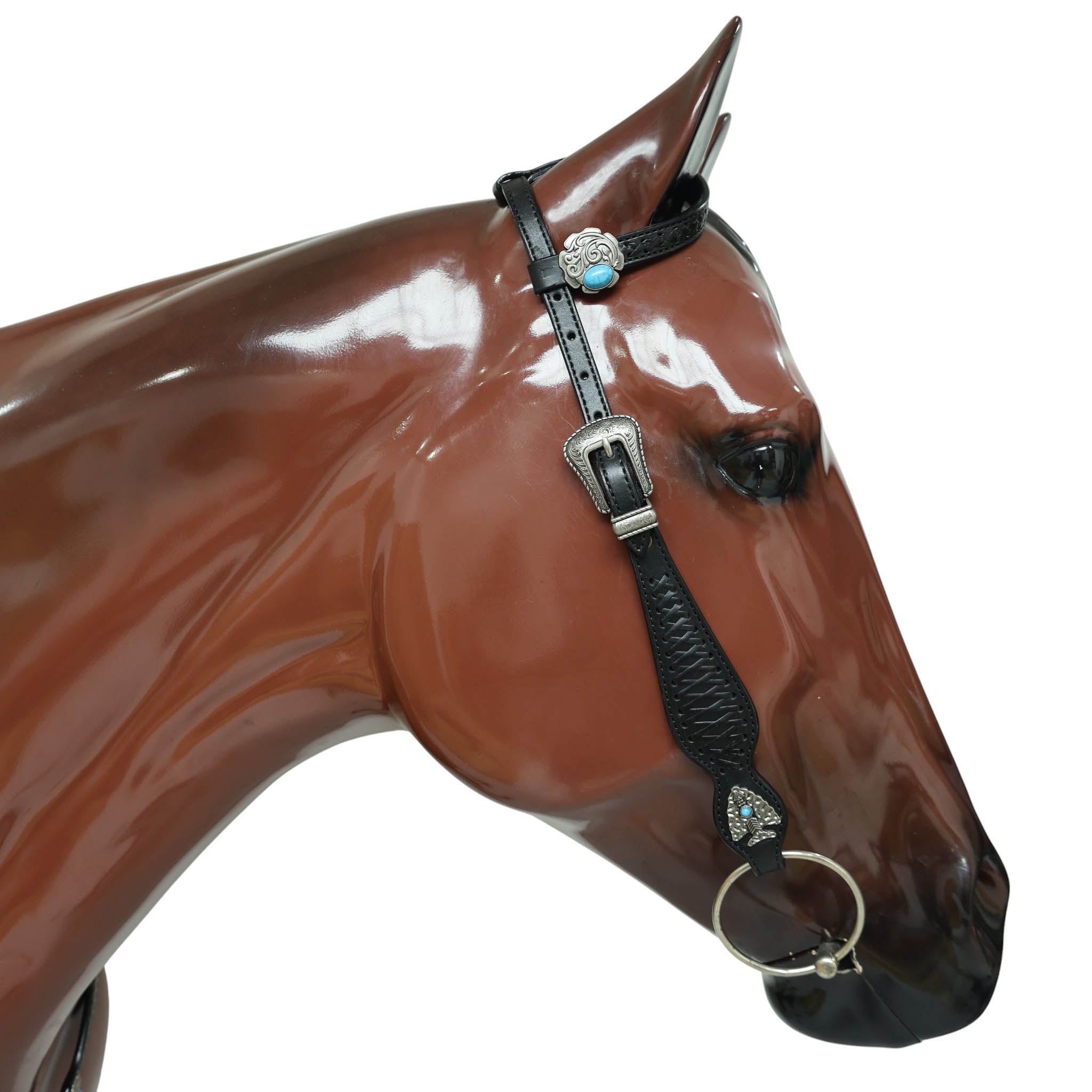 Argentina Cow Leather Western Horse Headstall Set Decorated with Criss Cross Black Raw Hide Braiding Turquoise Jewel Hardware on Black Leather MOUSM