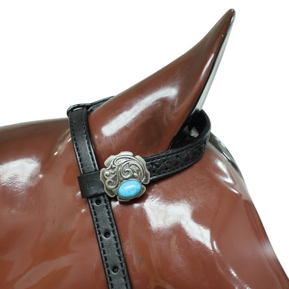 Argentina Cow Leather Western Horse Headstall Set Decorated with Criss Cross Black Raw Hide Braiding Turquoise Jewel Hardware on Black Leather MOUSM