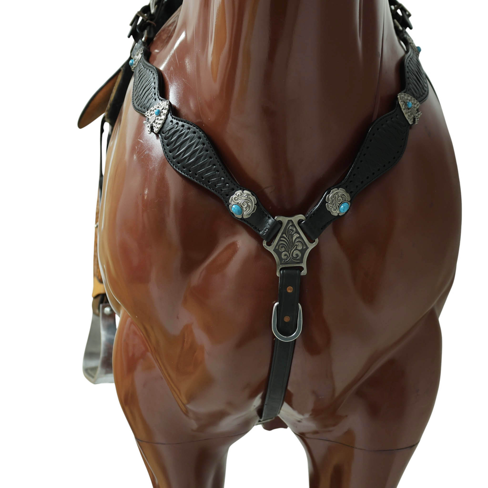 Argentina Cow Leather Western Horse Headstall Set Decorated with Criss Cross Black Raw Hide Braiding Turquoise Jewel Hardware on Black Leather MOUSM