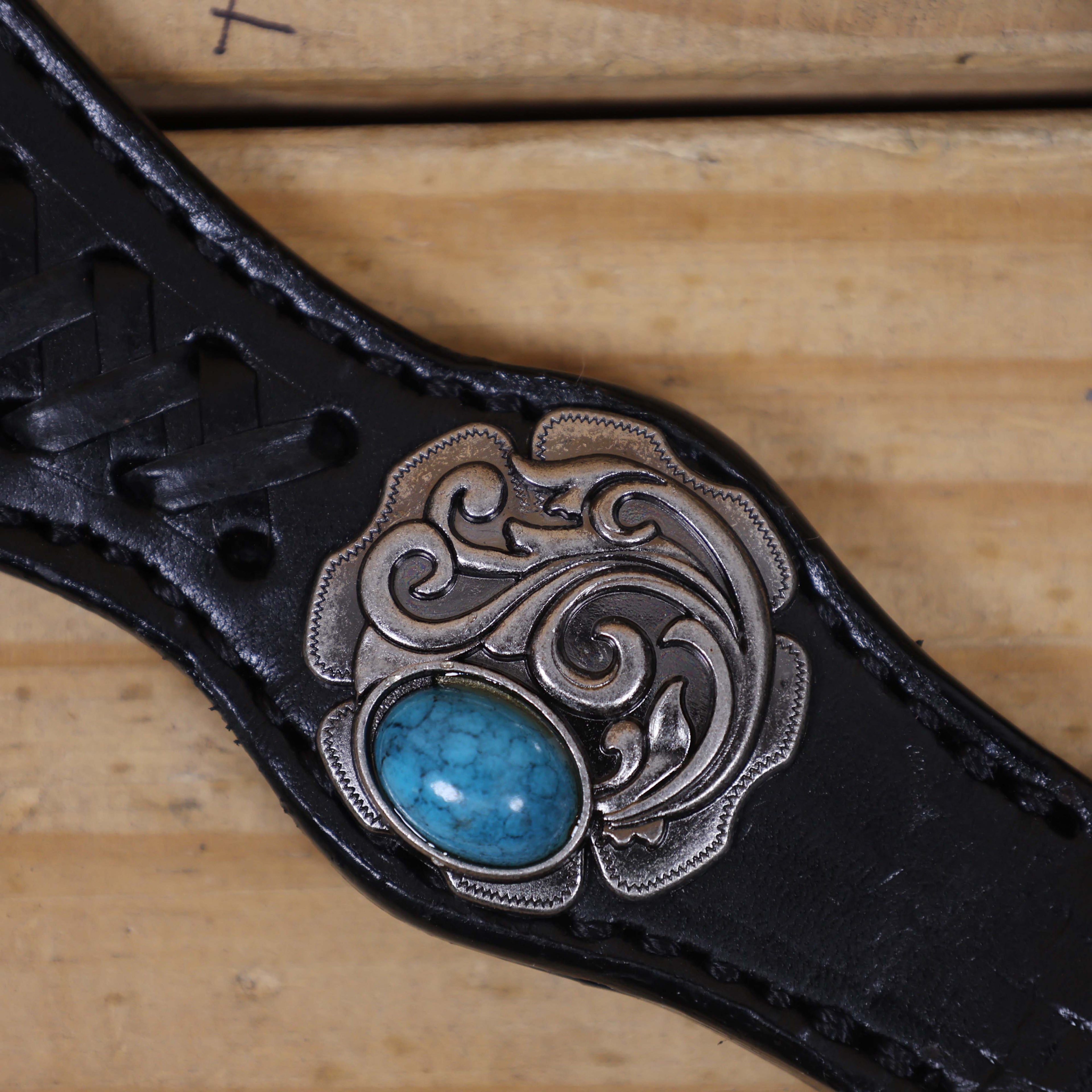 Argentina Cow Leather Western Horse Headstall Set Decorated with Criss Cross Black Raw Hide Braiding Turquoise Jewel Hardware on Black Leather MOUSM