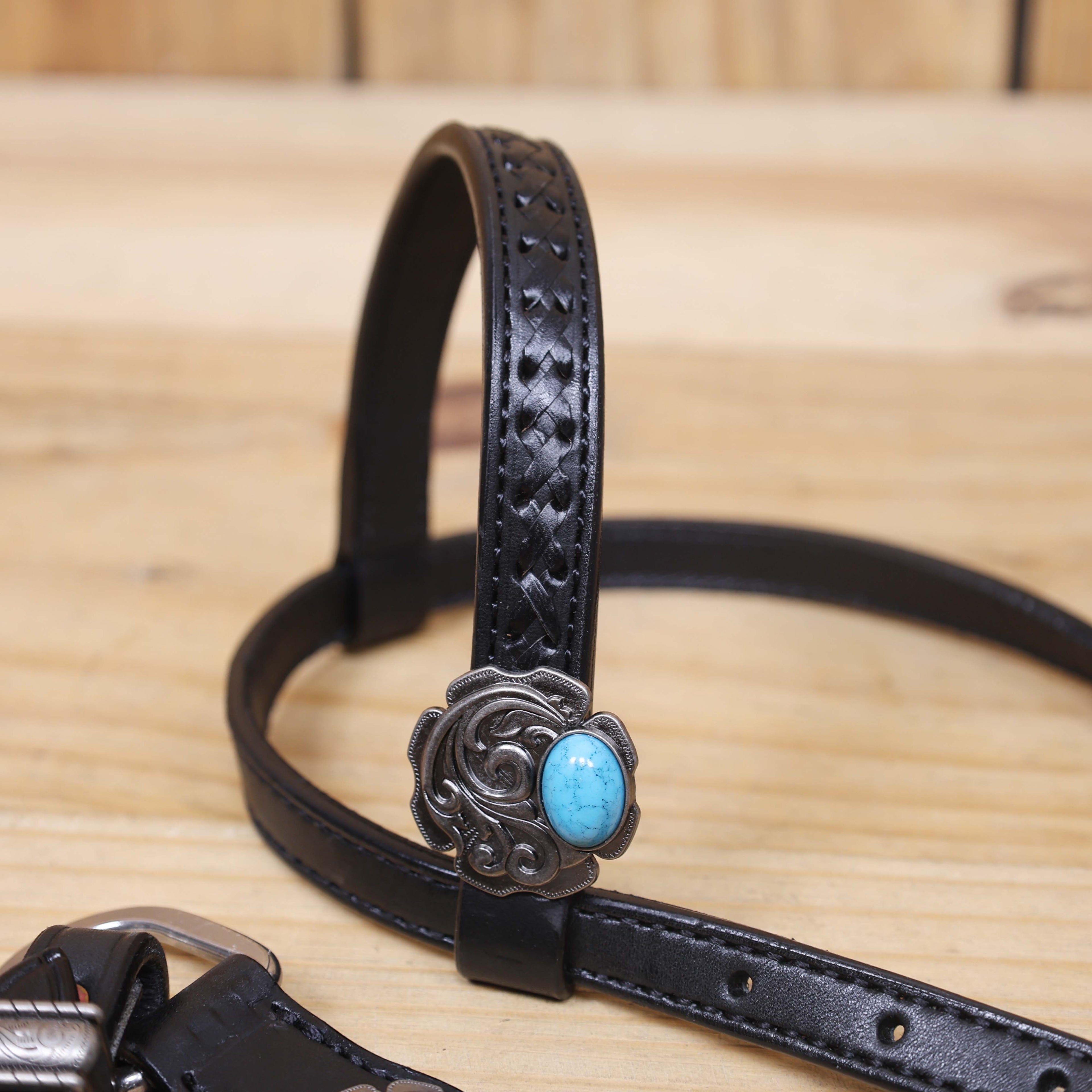 Argentina Cow Leather Western Horse Headstall Set Decorated with Criss Cross Black Raw Hide Braiding Turquoise Jewel Hardware on Black Leather MOUSM
