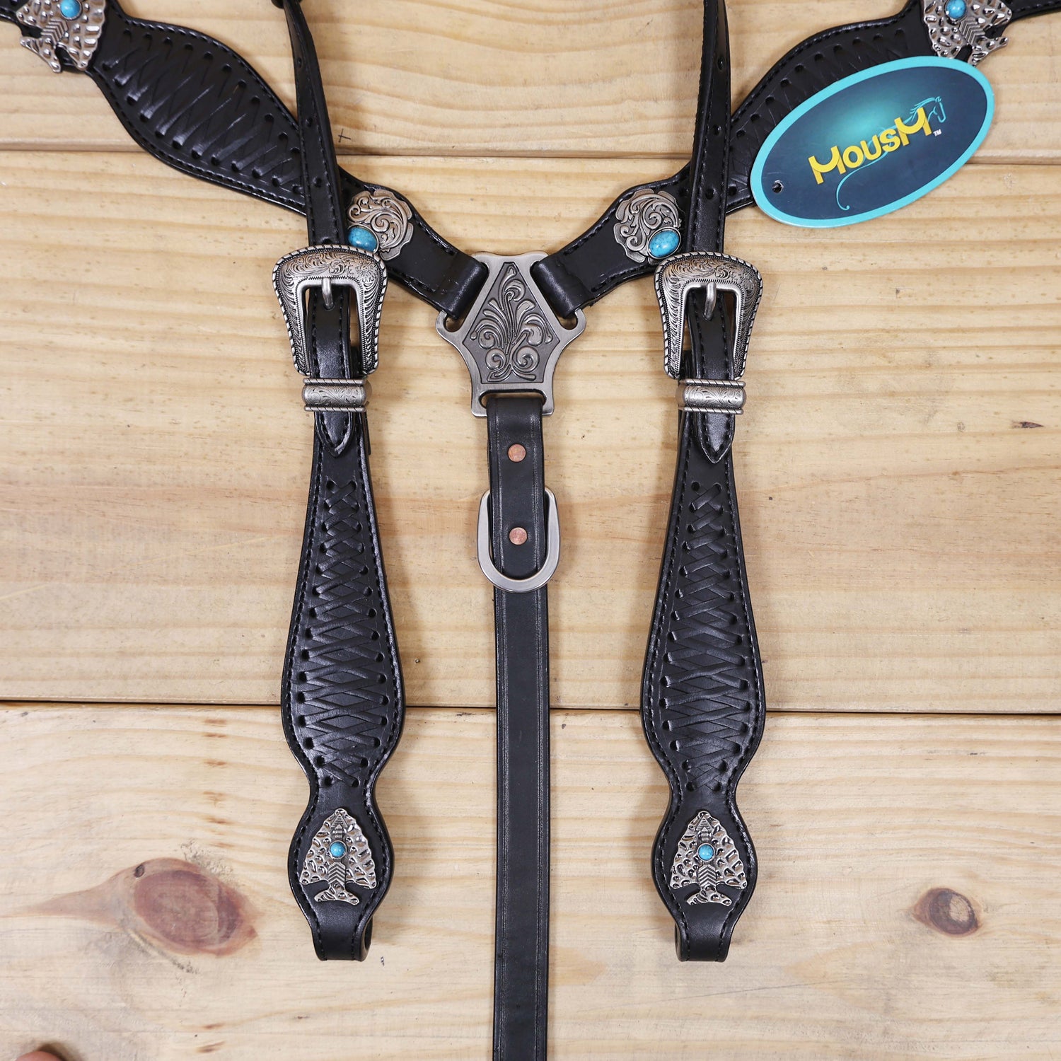 Argentina Cow Leather Western Horse Headstall Set Decorated with Criss Cross Black Raw Hide Braiding Turquoise Jewel Hardware on Black Leather MOUSM