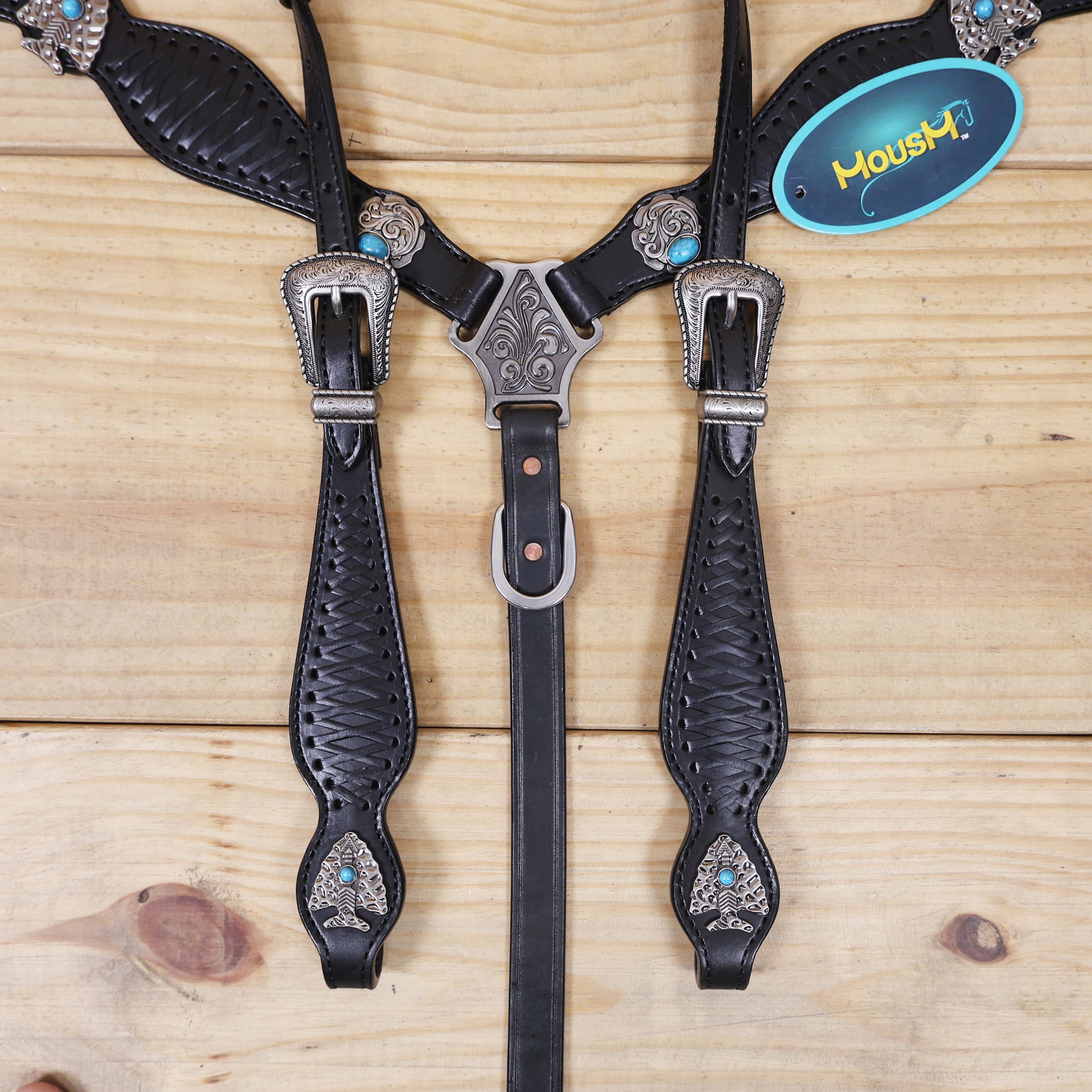 Argentina Cow Leather Western Horse Headstall Set Decorated with Criss Cross Black Raw Hide Braiding Turquoise Jewel Hardware on Black Leather MOUSM