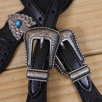 Argentina Cow Leather Western Horse Headstall Set Decorated with Criss Cross Black Raw Hide Braiding Turquoise Jewel Hardware on Black Leather MOUSM