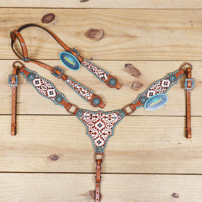 Western Leather Headstall and Breast Collar Tack Set – Argentina Cowhide, Big Ring Hardware, Embossed Aztec 2-Tone Leather