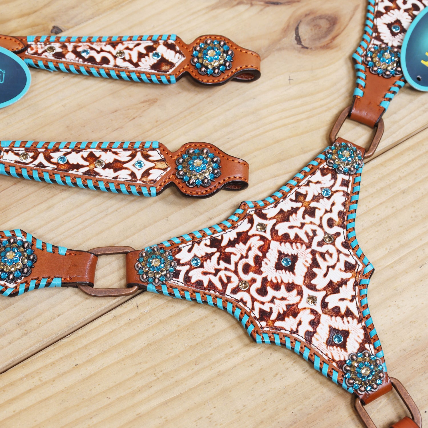 Western Leather Headstall and Breast Collar Tack Set – Argentina Cowhide, Big Ring Hardware, Embossed Aztec 2-Tone Leather