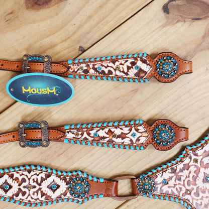Western Leather Headstall and Breast Collar Tack Set – Argentina Cowhide, Big Ring Hardware, Embossed Aztec 2-Tone Leather