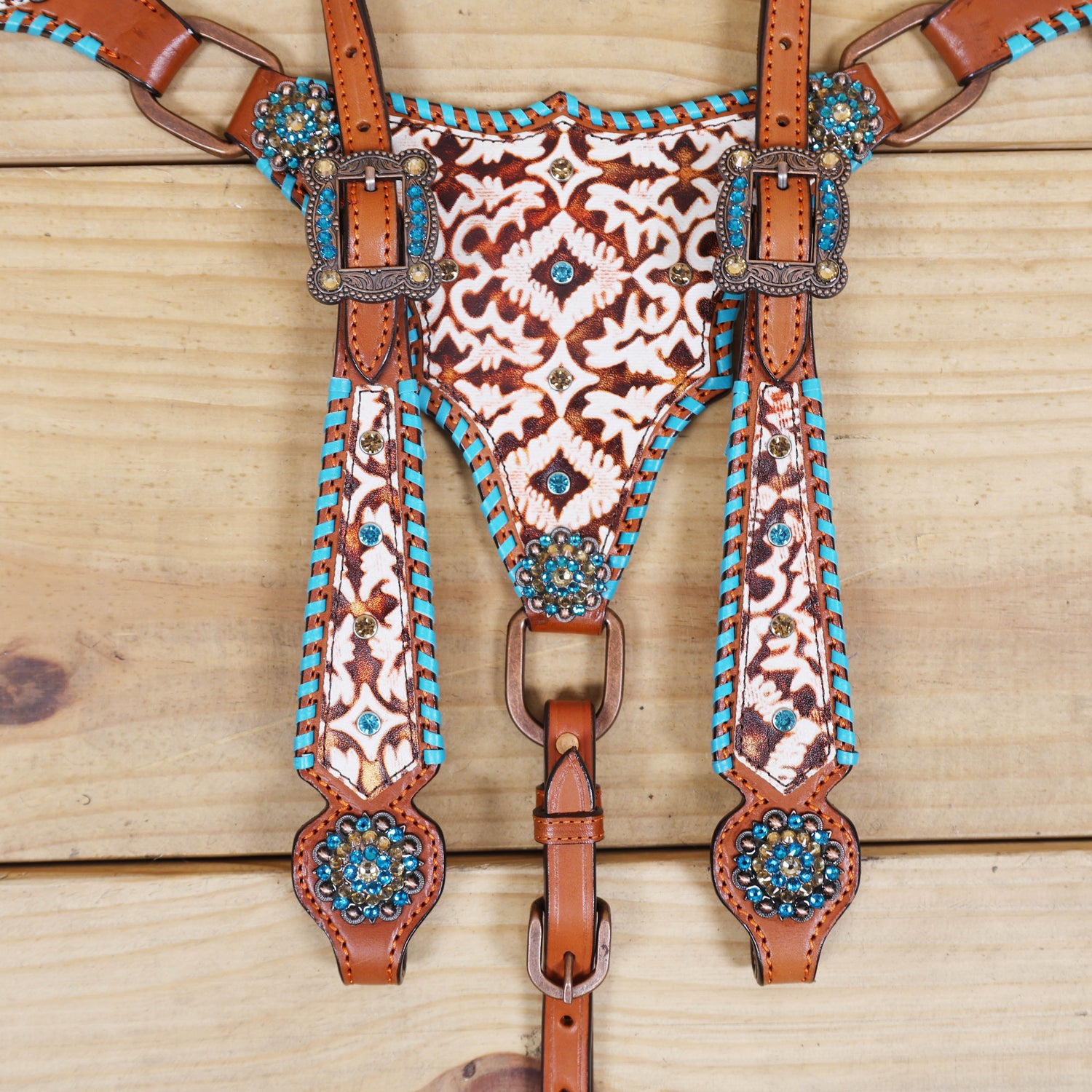 Western Leather Headstall and Breast Collar Tack Set – Argentina Cowhide, Big Ring Hardware, Embossed Aztec 2-Tone Leather