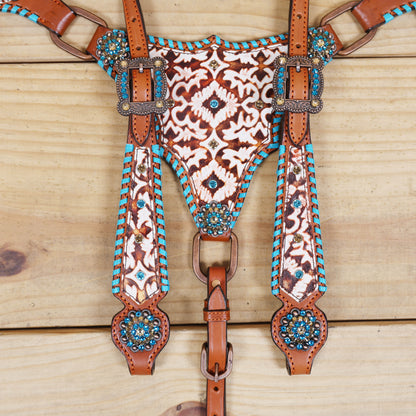 Western Leather Headstall and Breast Collar Tack Set – Argentina Cowhide, Big Ring Hardware, Embossed Aztec 2-Tone Leather