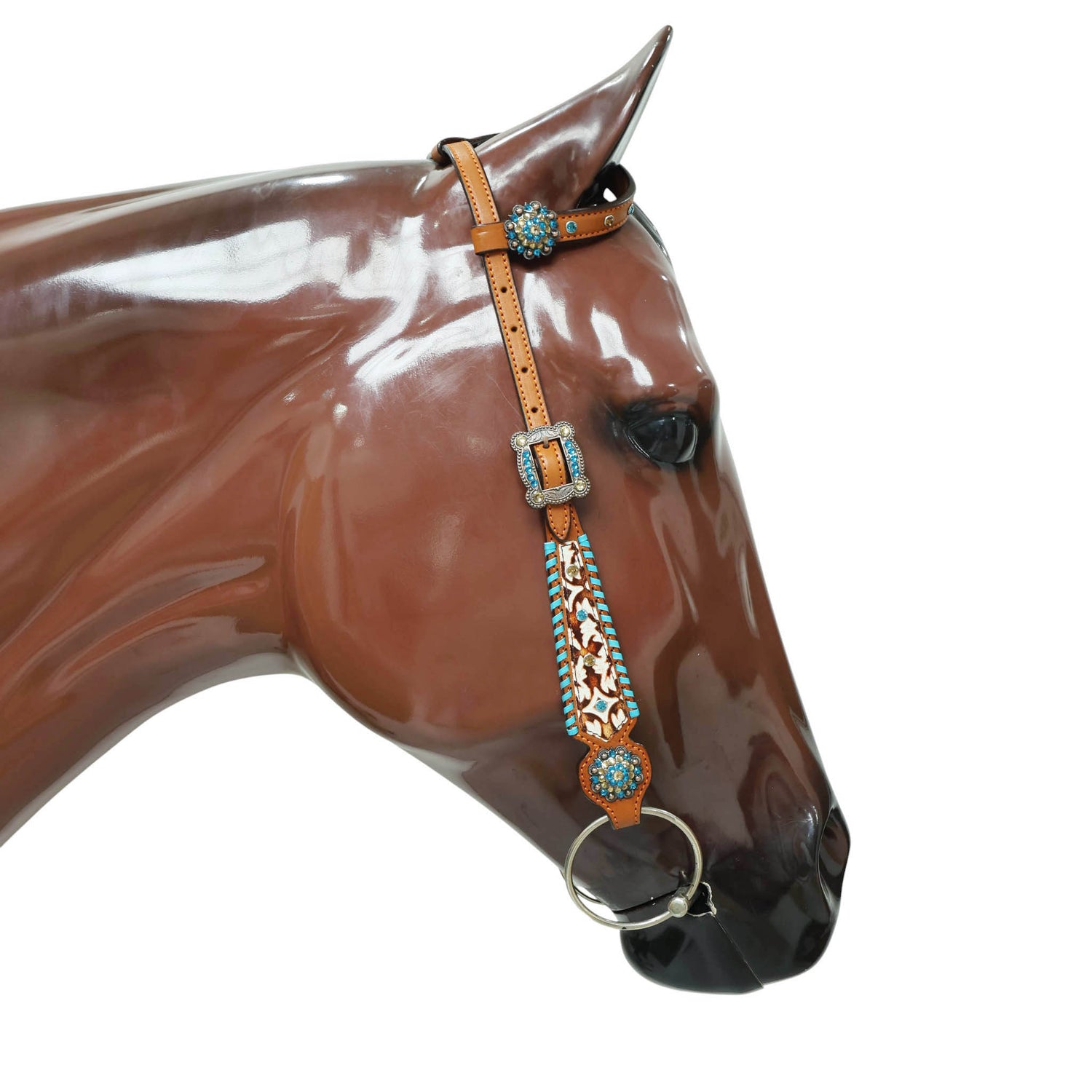 Western Leather Headstall and Breast Collar Tack Set – Argentina Cowhide, Big Ring Hardware, Embossed Aztec 2-Tone Leather