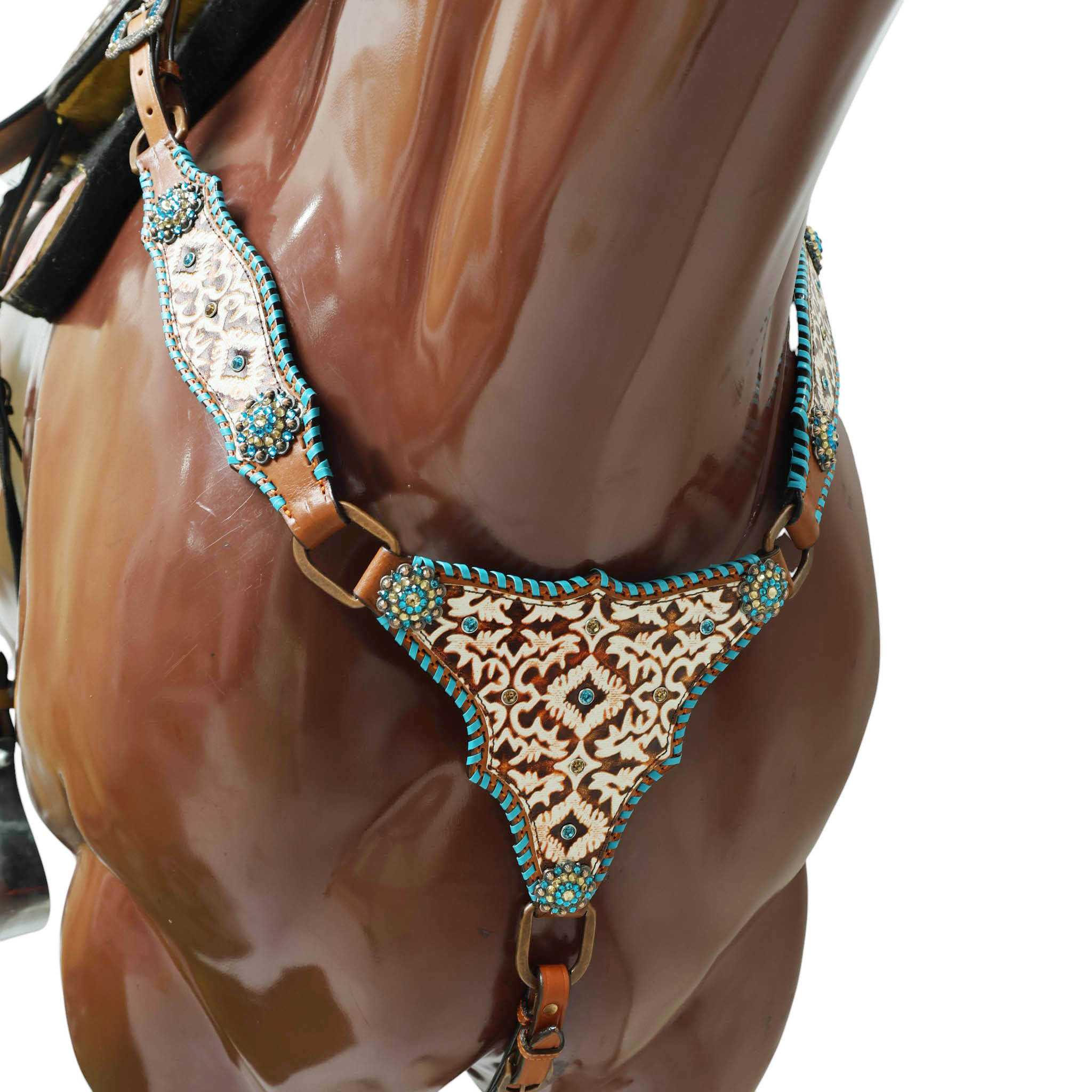 Western Leather Headstall and Breast Collar Tack Set – Argentina Cowhide, Big Ring Hardware, Embossed Aztec 2-Tone Leather