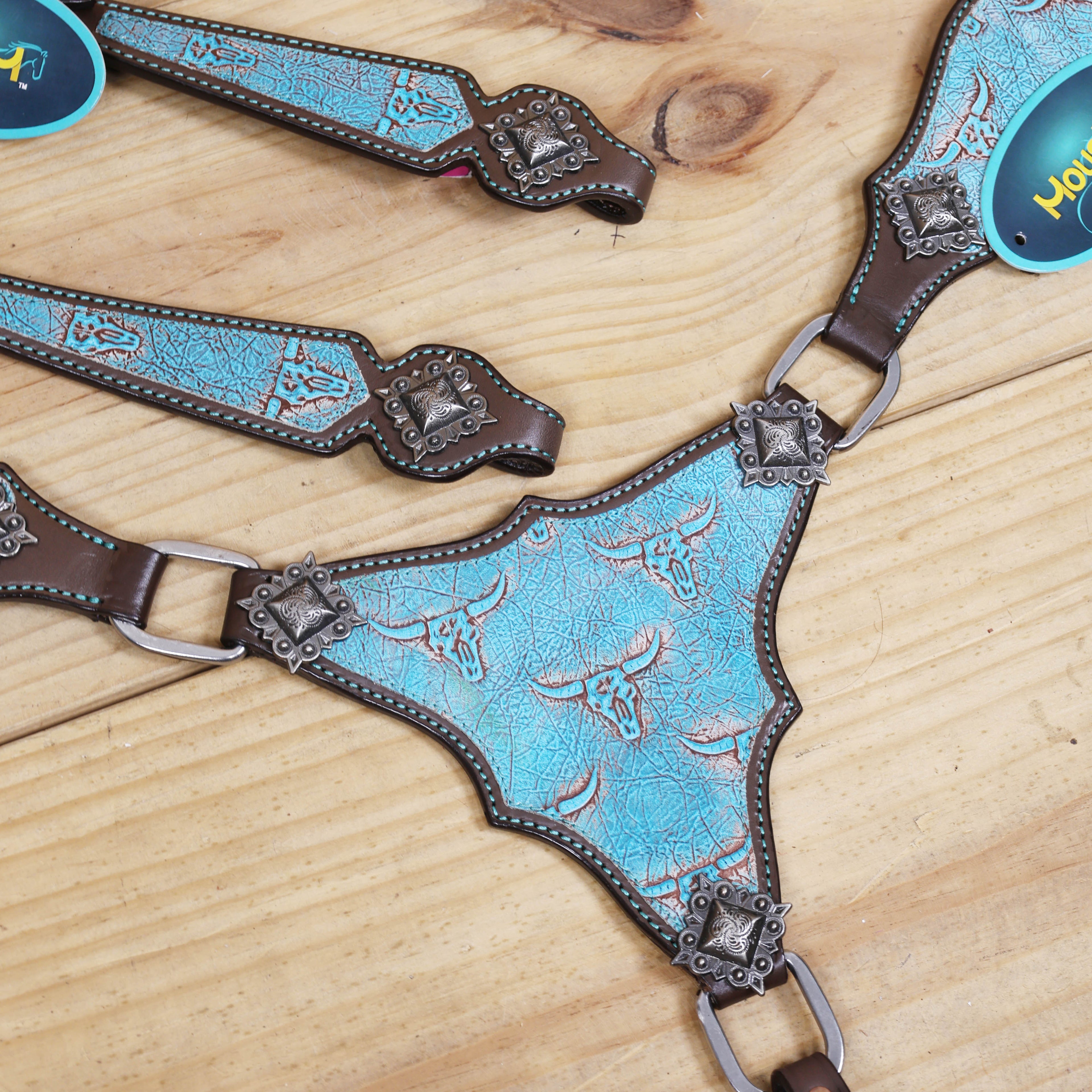 Western Leather Headstall &amp; Breast Collar Set – Turquoise Steer Embossed Leather Patch