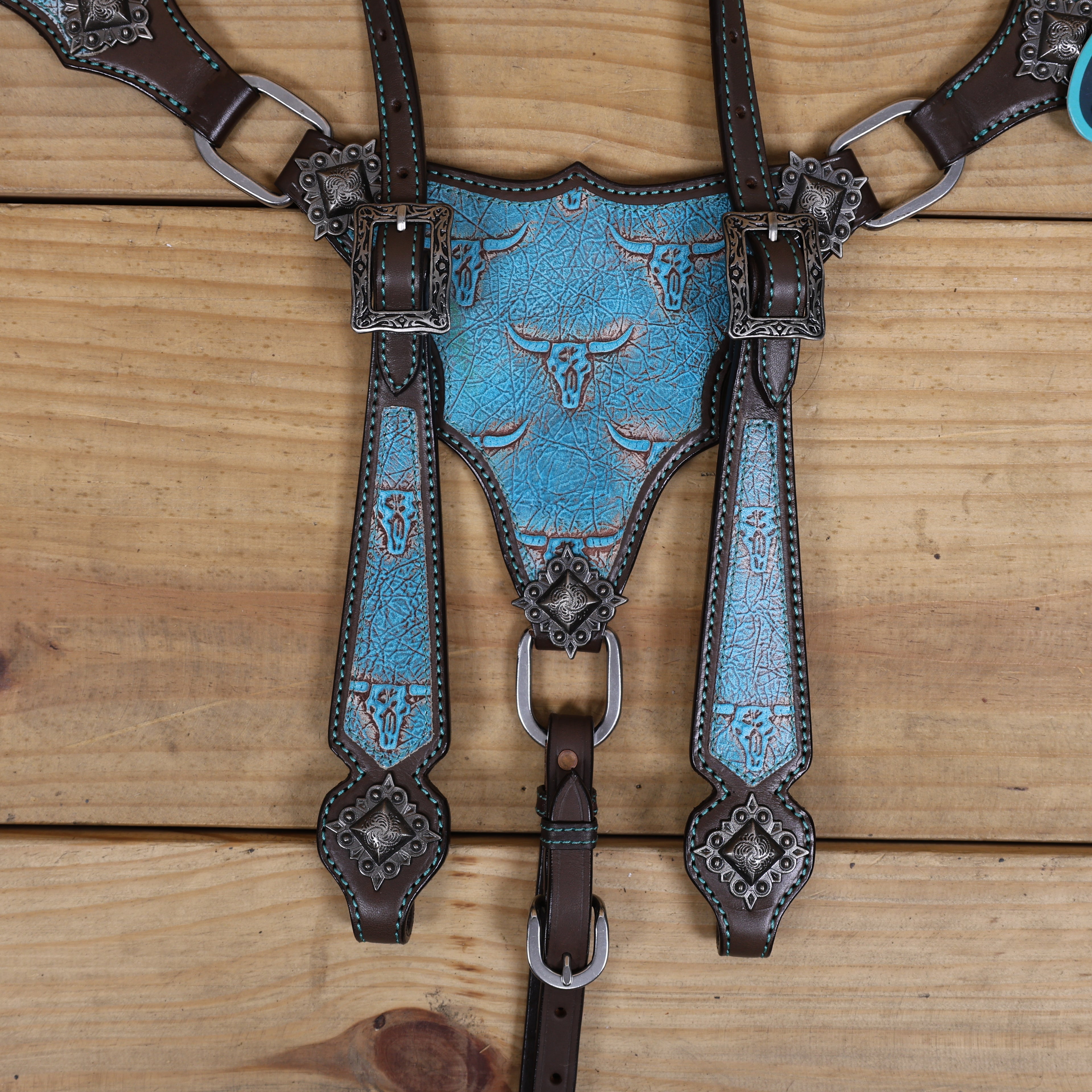 Western Leather Headstall &amp; Breast Collar Set – Turquoise Steer Embossed Leather Patch