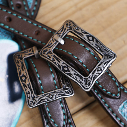 Western Leather Headstall &amp; Breast Collar Set – Turquoise Steer Embossed Leather Patch