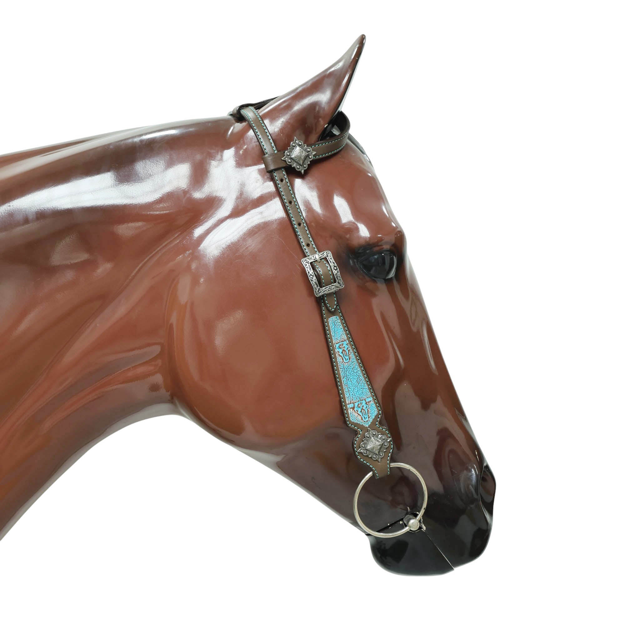 Western Leather Headstall &amp; Breast Collar Set – Turquoise Steer Embossed Leather Patch