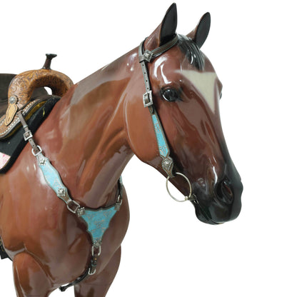 Western Leather Headstall &amp; Breast Collar Set – Turquoise Steer Embossed Leather Patch