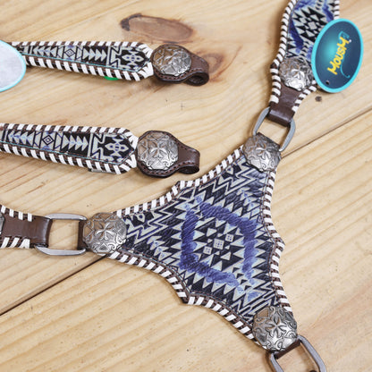 Western Leather Headstall &amp; Breast Collar Set – Navy &amp; Black Aztec Embossed Leather