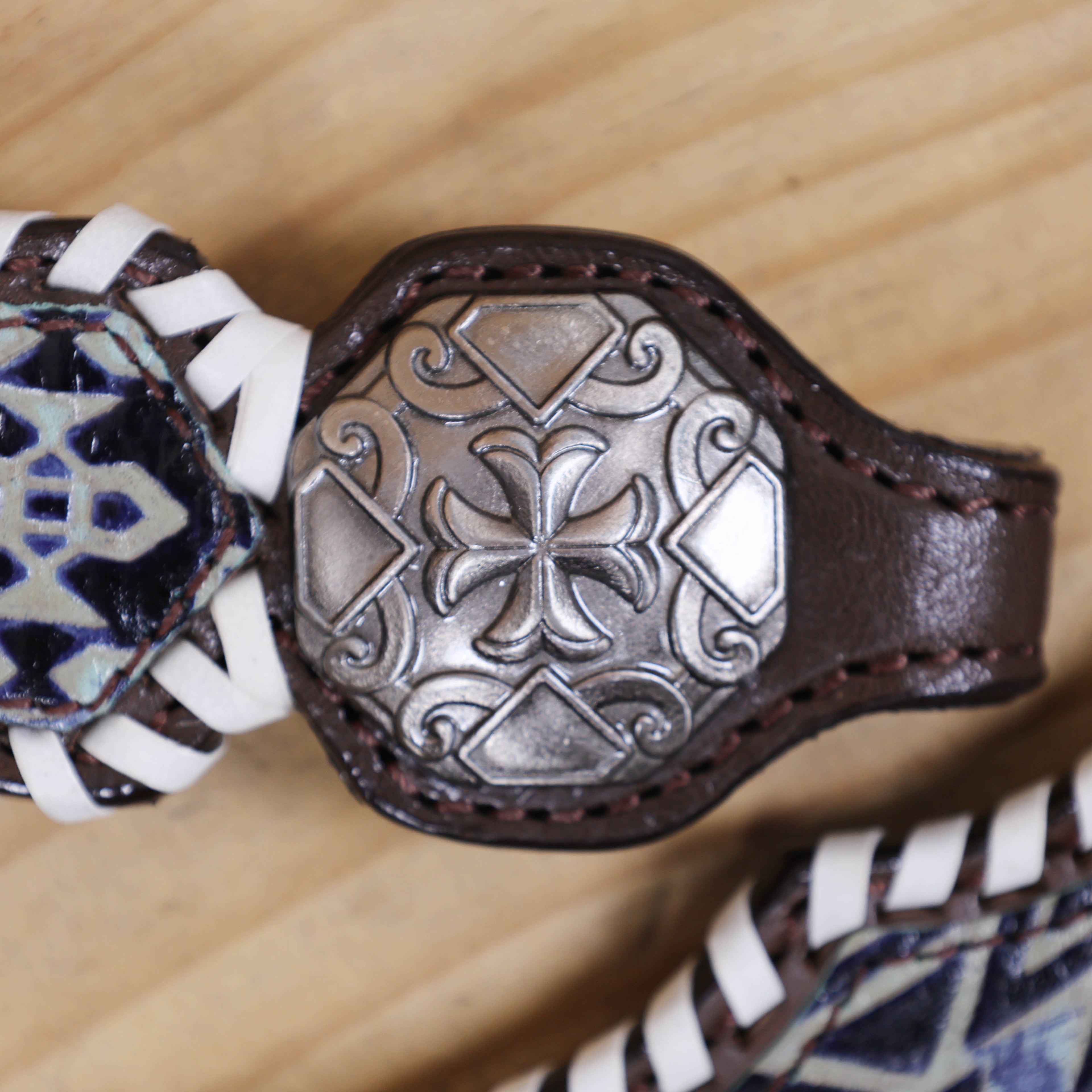 Western Leather Headstall &amp; Breast Collar Set – Navy &amp; Black Aztec Embossed Leather