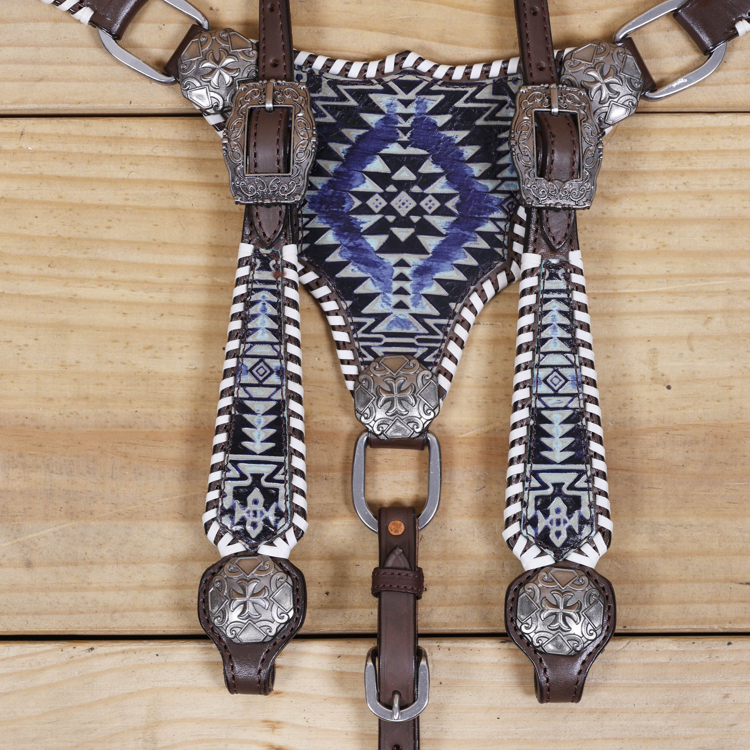 Western Leather Headstall &amp; Breast Collar Set – Navy &amp; Black Aztec Embossed Leather